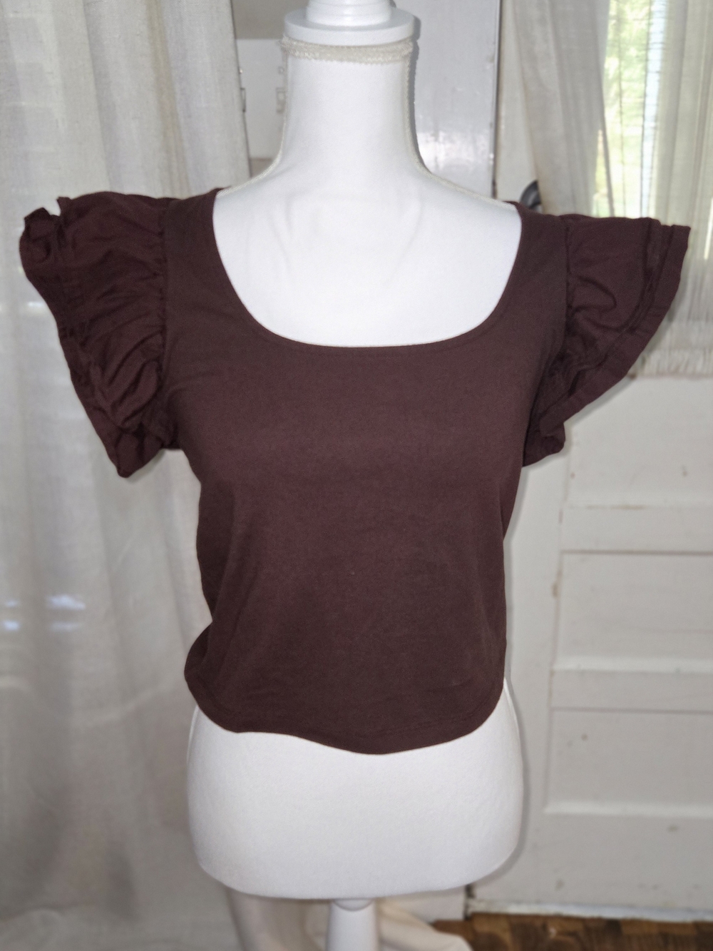 a new day Brown Ruffle Sleeve Crop Top